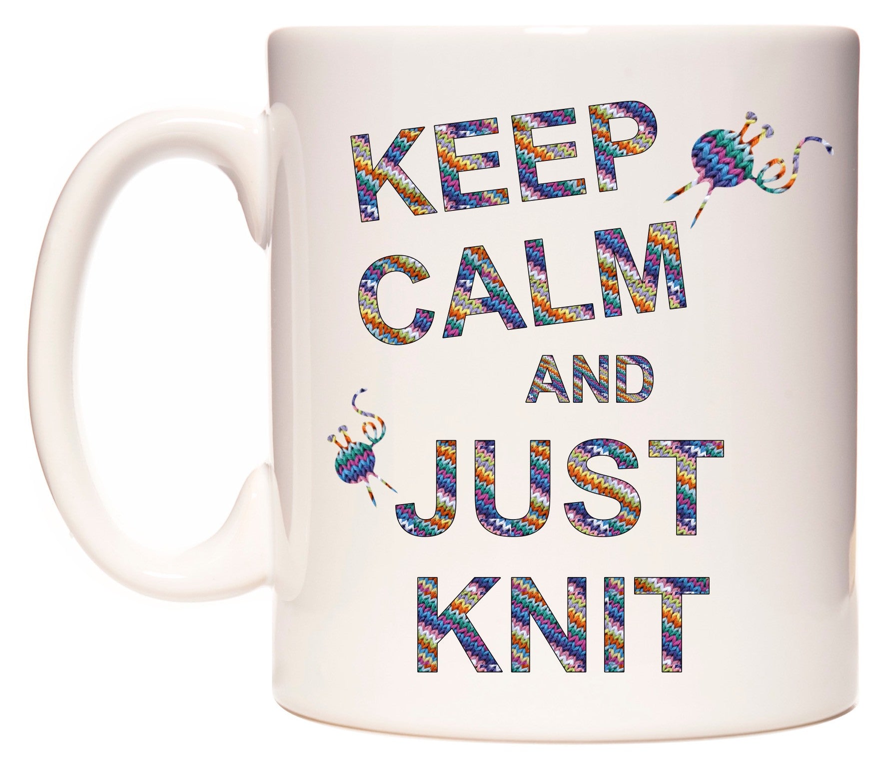 This mug features Keep Calm and Just Knit