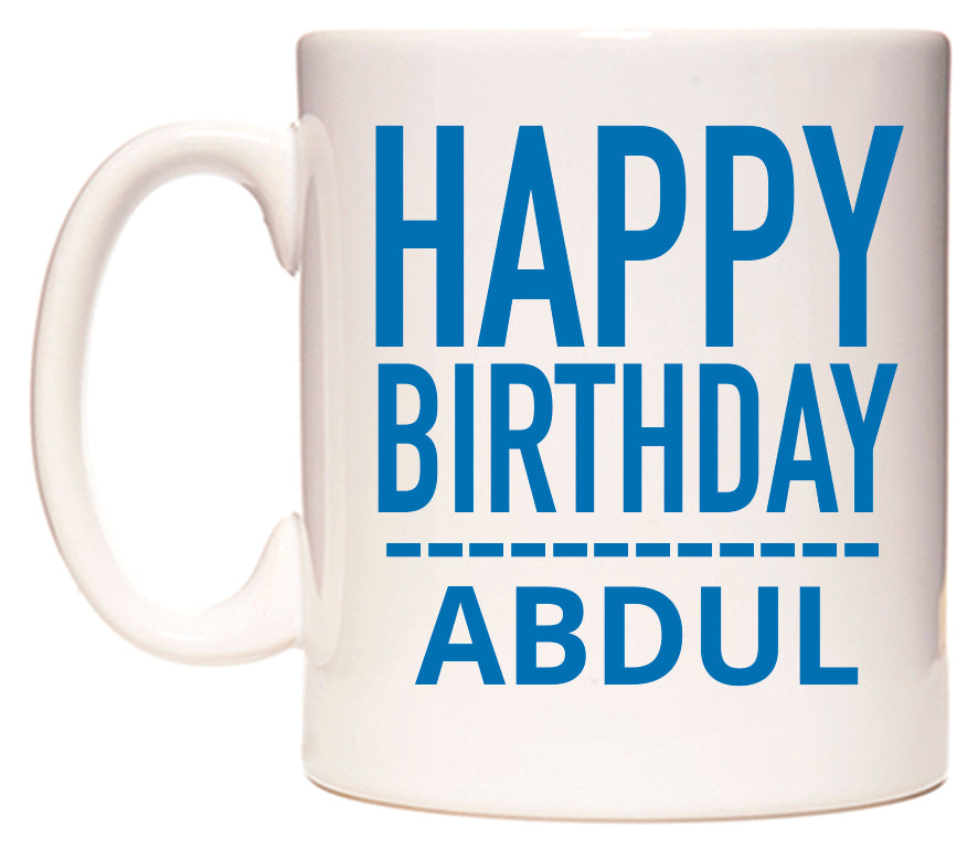This mug features Happy Birthday Abdul (Plain Blue)