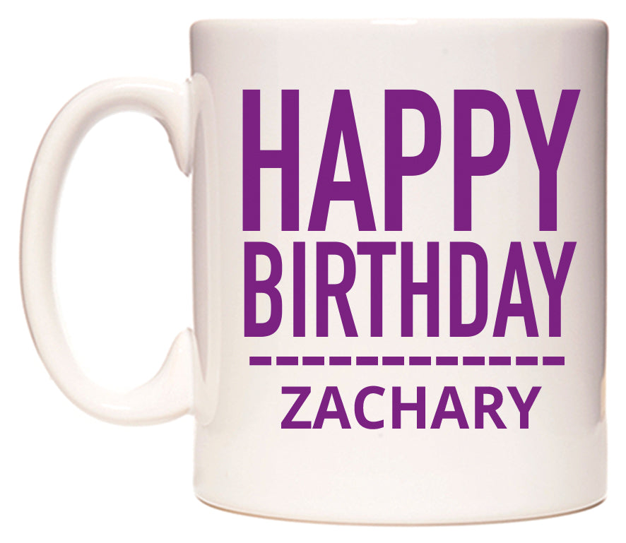 This mug features Happy Birthday Zachary (Plain Purple)
