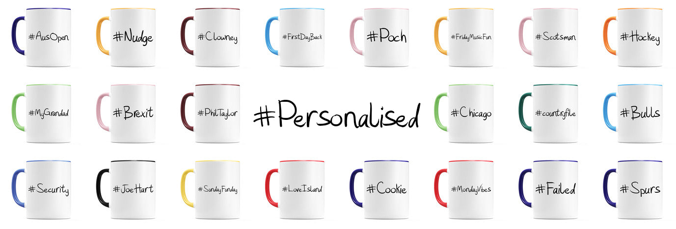 Colour Mugs with different hashtags on them  in rows