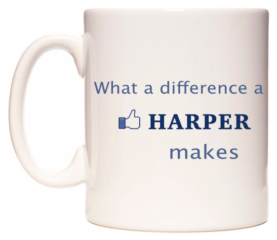 This mug features What A Difference A Harper Makes