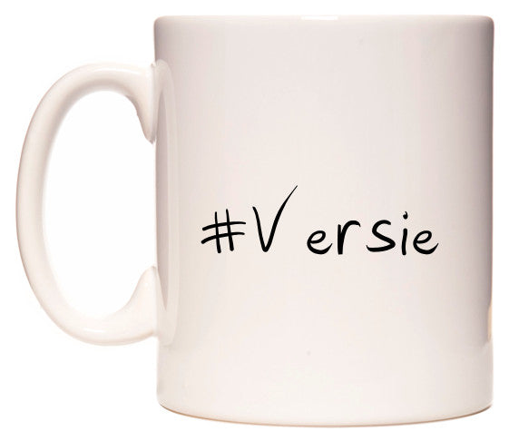 This mug features #Versie