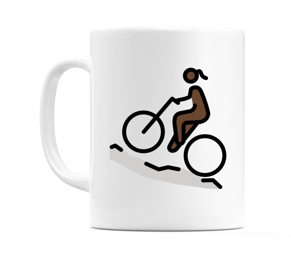 Female Mountain Biking: Dark Skin Tone Emoji Mug