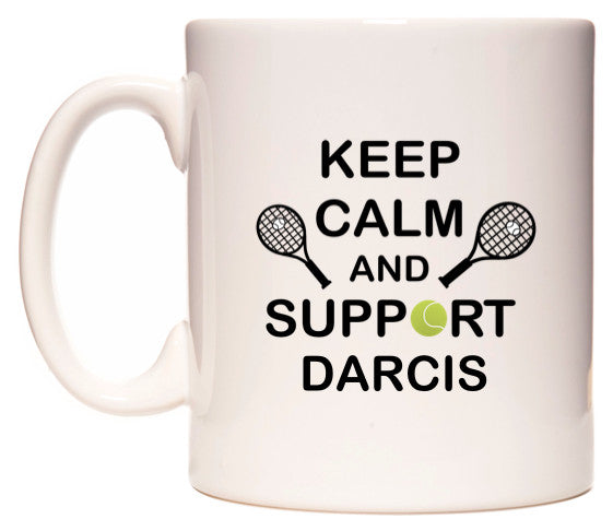 This mug features Keep Calm And Support Darcis
