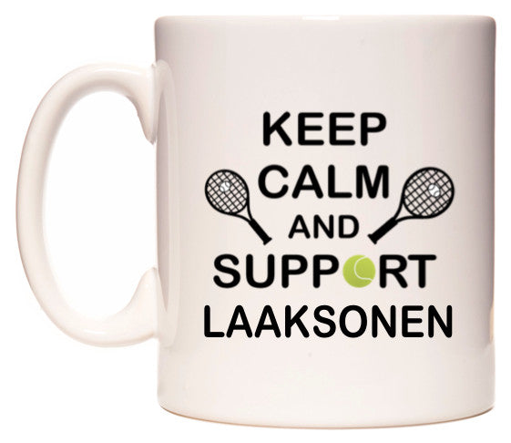 This mug features Keep Calm And Support Laaksonen