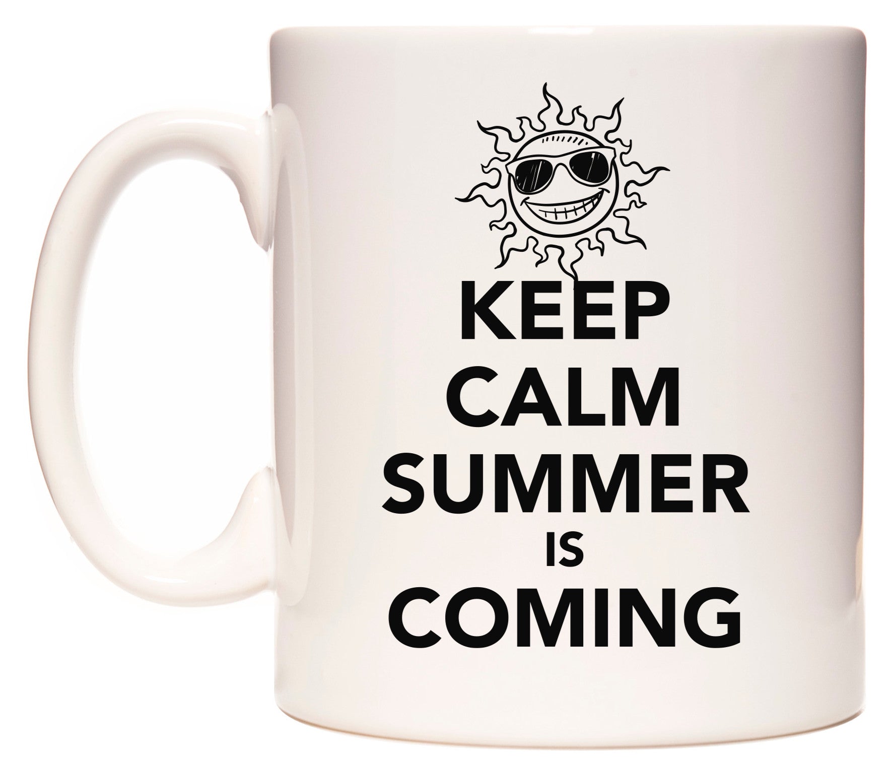 This mug features KEEP CALM SUMMER IS COMING