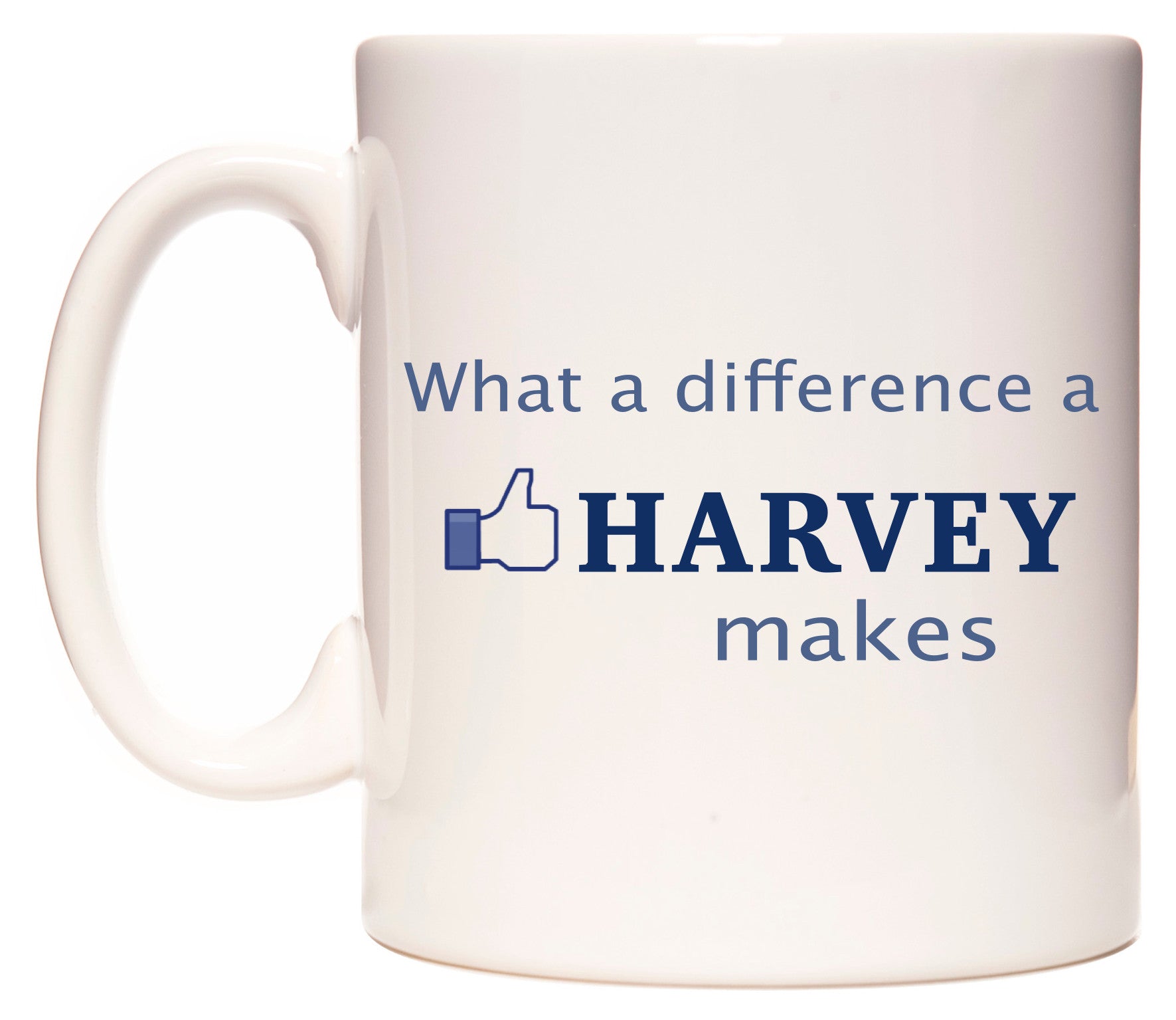 This mug features What A Difference A Harvey Makes