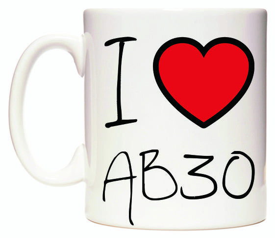 This mug features I Love AB30