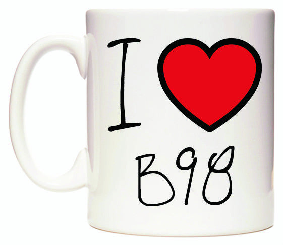 This mug features I Love B98