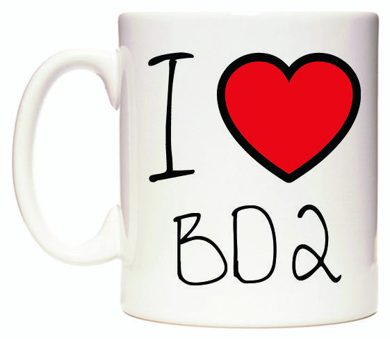 This mug features I Love BD2