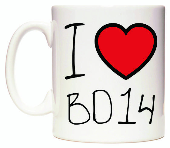 This mug features I Love BD14