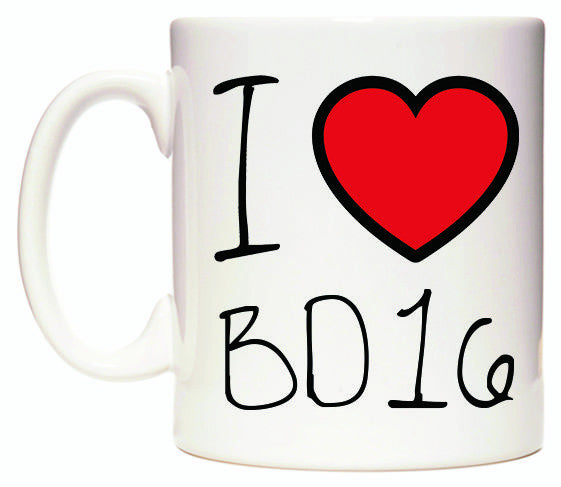 This mug features I Love BD16