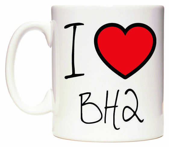 This mug features I Love BH2