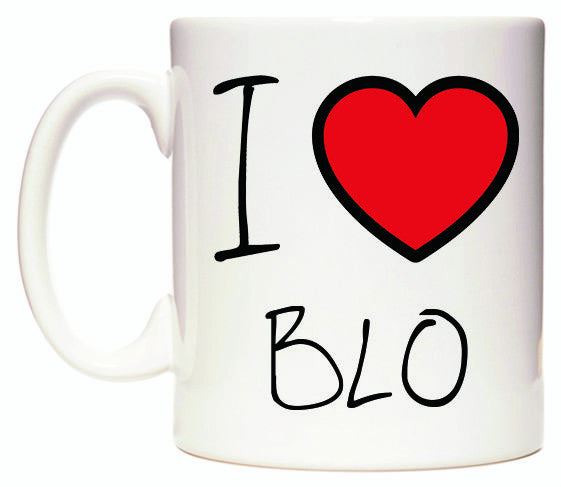This mug features I Love BL0