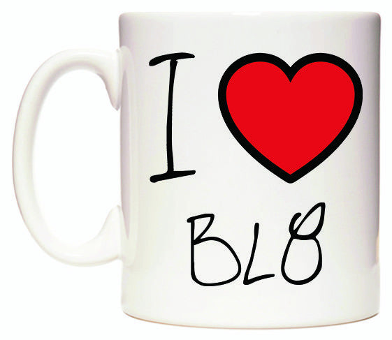 This mug features I Love BL8