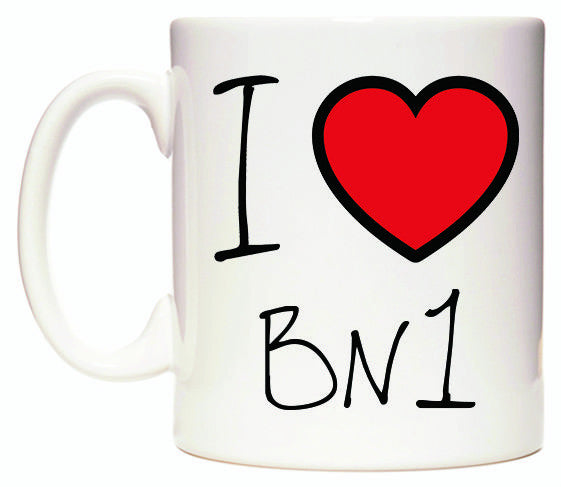 This mug features I Love BN1