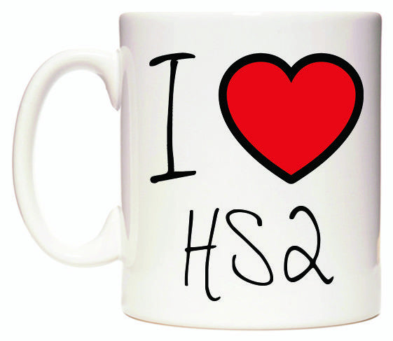 This mug features I Love HS2