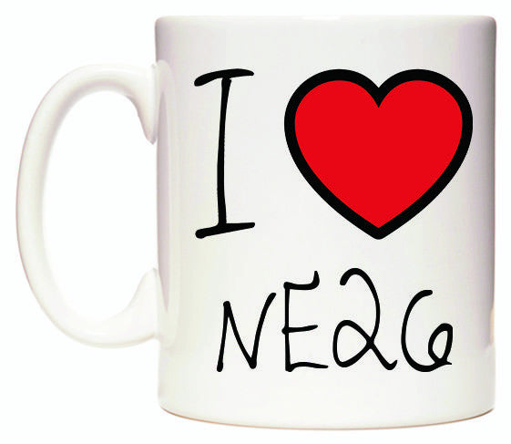 This mug features I Love NE26