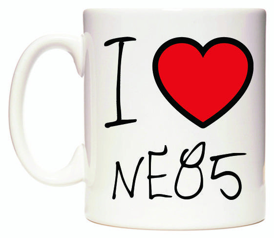 This mug features I Love NE85
