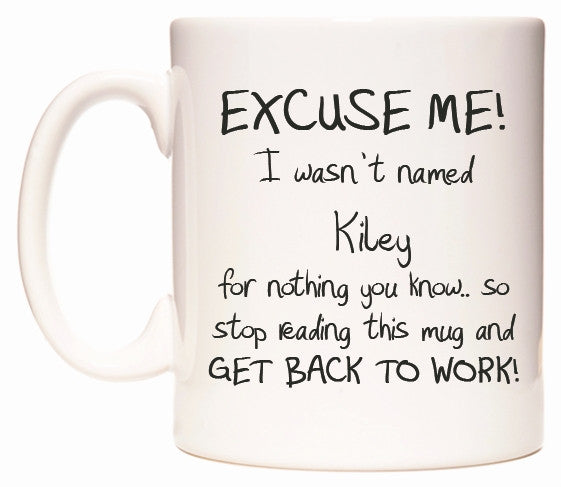 This mug features EXCUSE ME! I wasn't named Kiley for nothing you know..